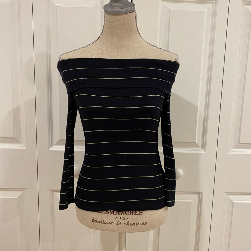 Lauren Ralph Lauren black and gold striped off the shoulder top size XS